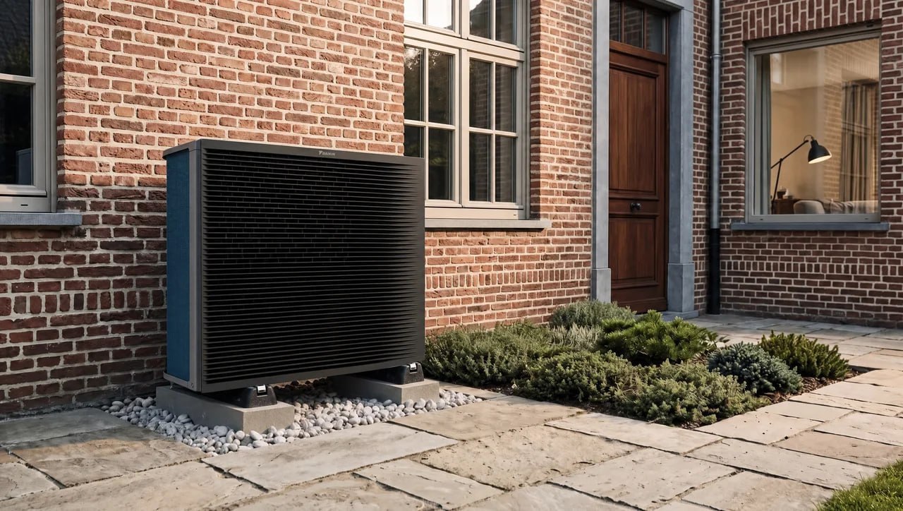 Warmtepomp buitenunit naast een bakstenen woning